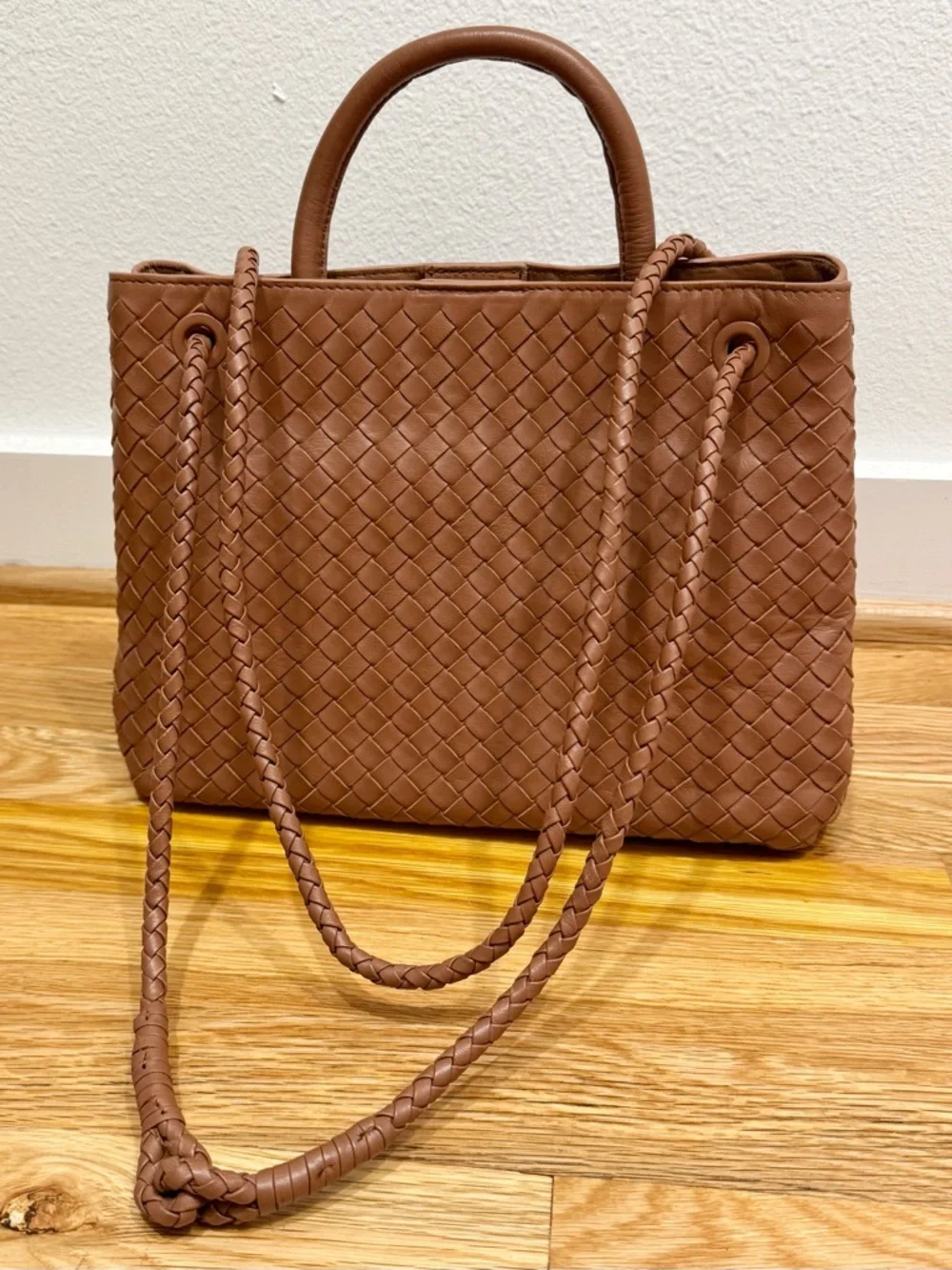 Large Quince Italian Leather Handwoven Satchel Cognac Woven Crossbody Tote Purse - Picture 3 of 6